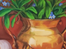 A still life image of flowers in a brass pot