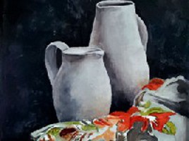 painting of White Jugs and a colourful Shawl