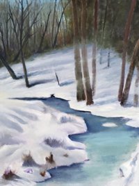 snow, trees and a creek